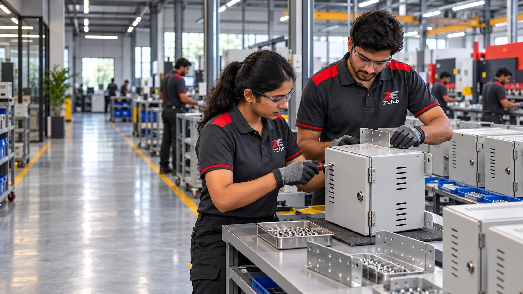 Technicians assembling an industrial enclosure