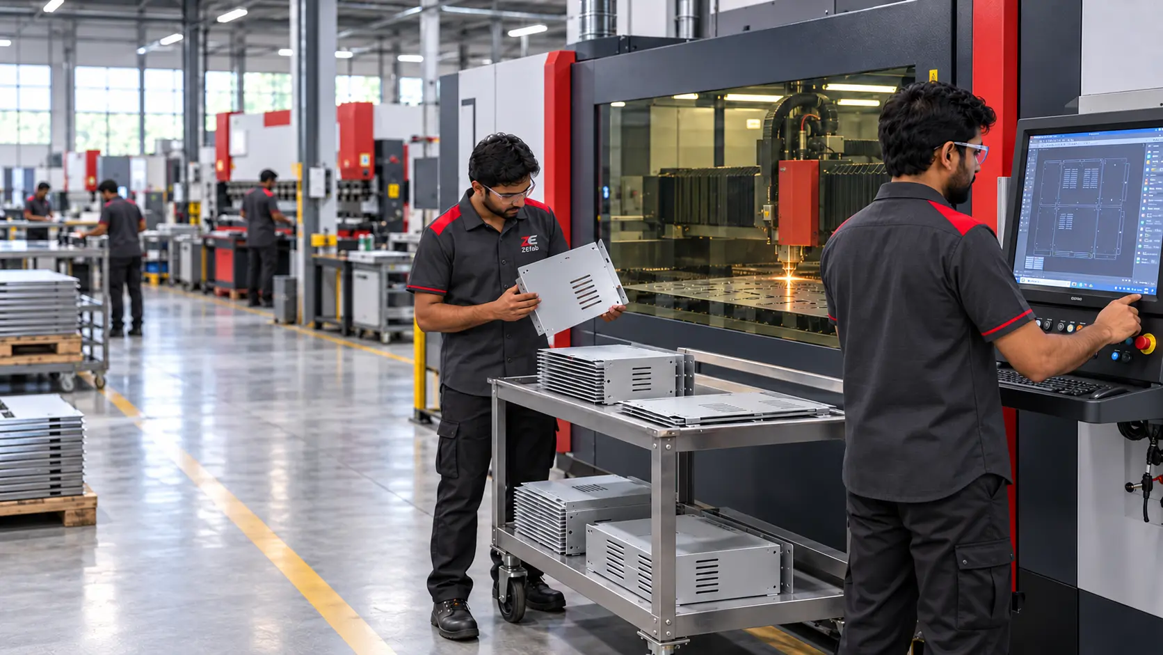 Workshop staff manufacturing sheet-metal enclosure components